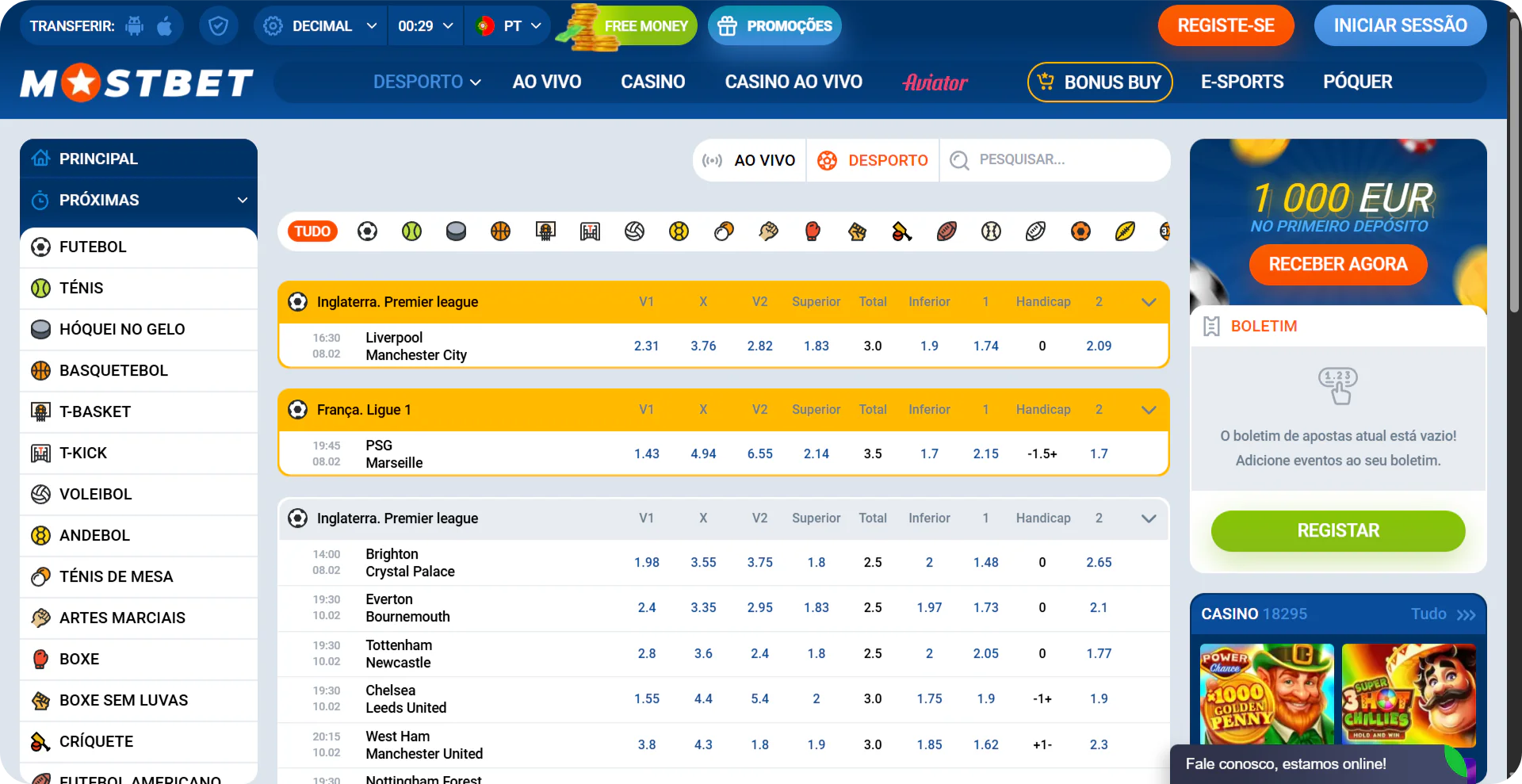 Mostbet apostas desportivas secção principal