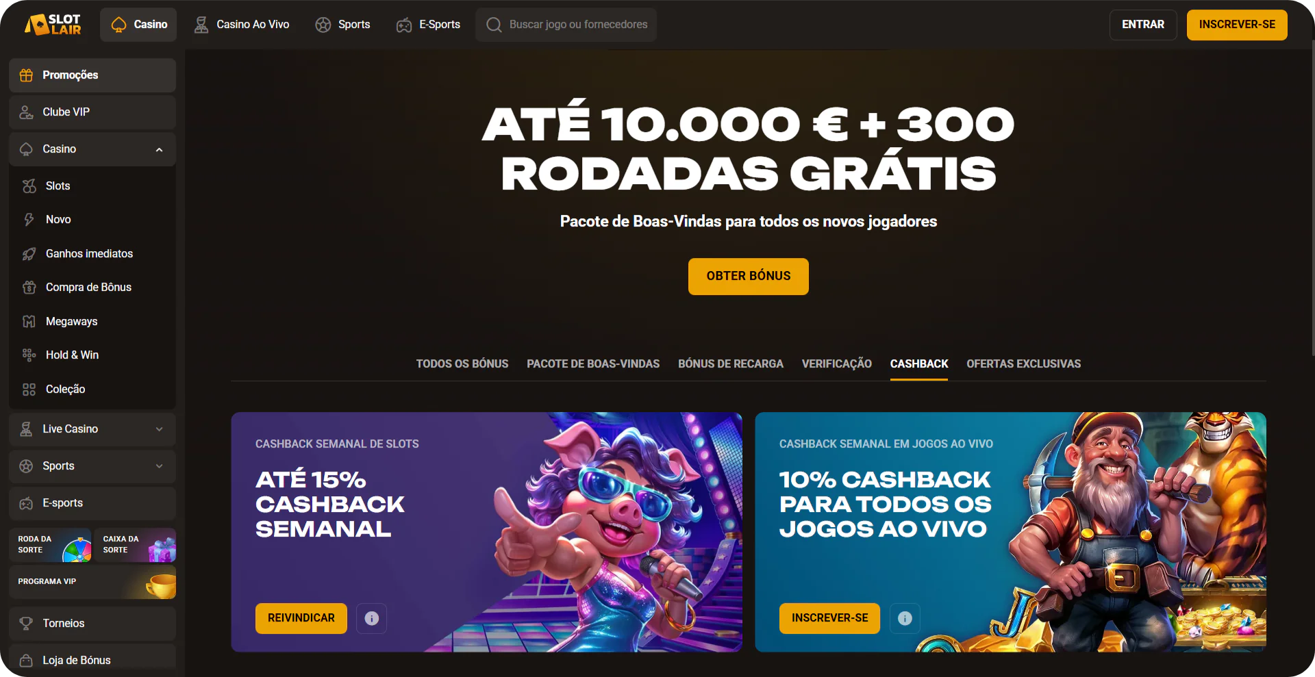 SlotLair sistema cashback semanal Portugal