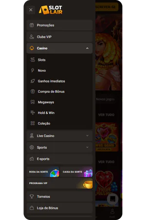 SlotLair casino navigation menu displaying game categories and sections