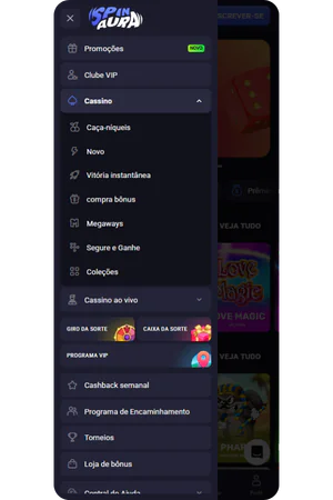 spinaura casino navigation menu displaying game categories and sections