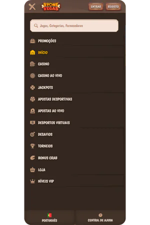 stonevegas casino navigation menu displaying game categories and sections