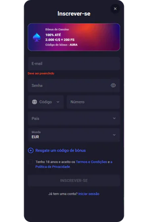 spinaura casino registration form interface in Portuguese
